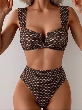 Amazon Brown Printed High-Waist Bikini Set